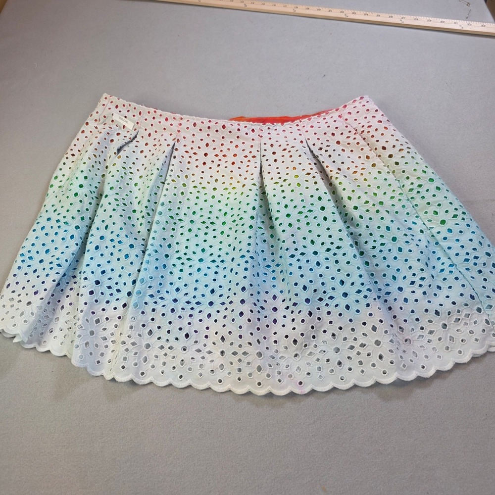 Express White Eyelet Lace Rainbow Tie Dye Mini Skirt Pleated Scalloped Hem Large